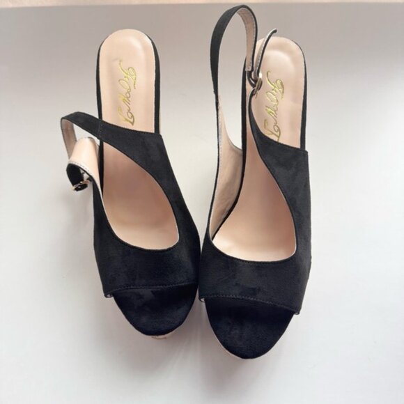Size 9.5 Black Suede Women Peep Toe Slingback Platform Wedge Sandals High Heel - Picture 3 of 13